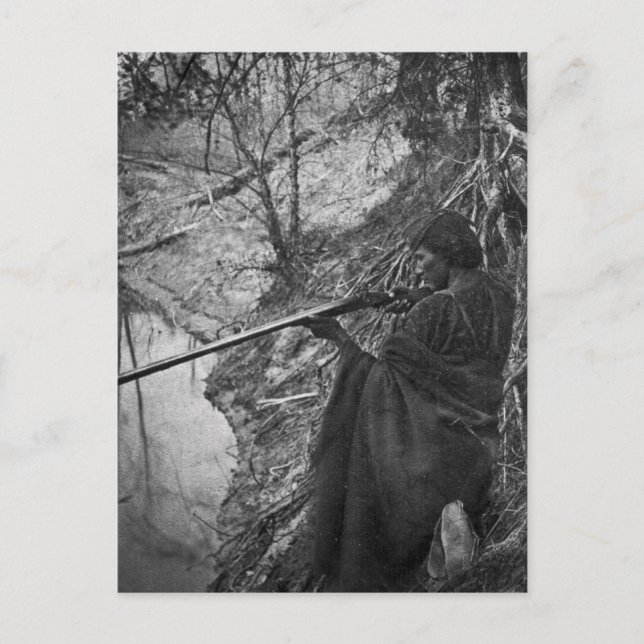 Postal Winnebago Jefe Indio de Pato Cazando Escala de Gri (Anverso)