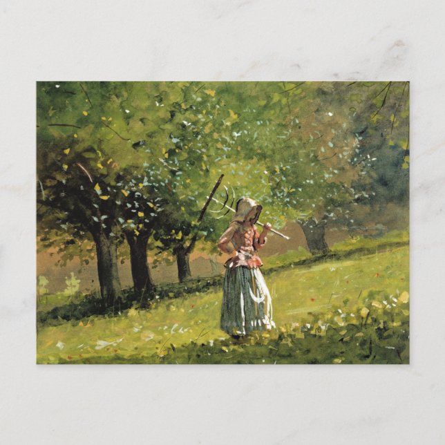 Postal Winslow Homer, pintura, Chica con Hay Rake (Anverso)