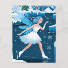 Postal Winter Adorable Hielo Patinaje Hada Azul Blanco