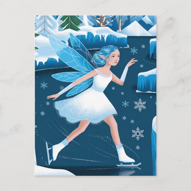 Postal Winter Adorable Hielo Patinaje Hada Azul Blanco (Anverso)