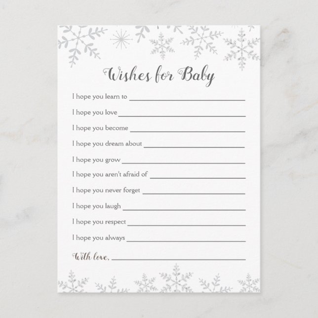Postal Winter Baby Shower Well quiere copos de nieve plat (Anverso)