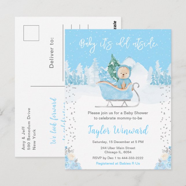 Postal Winter Bear Blue Sleigh Baby Shower (Anverso / Reverso)