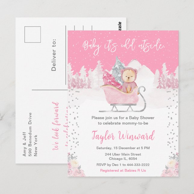 Postal Winter Bear Pink Sleigh Baby Shower (Anverso / Reverso)