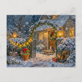 Postal Winter Cottage with Squirrel, Cat and Robin Artwor