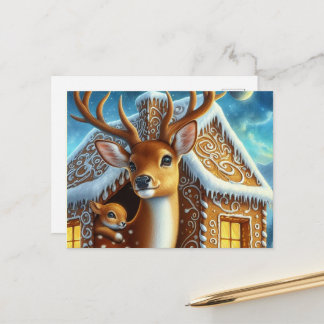Postal  Winter Deer Family in Gingerbread House Postcard