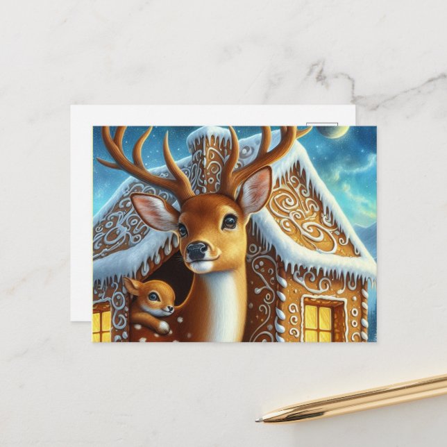 Postal  Winter Deer Family in Gingerbread House Postcard (Anverso/Reverso In Situ)