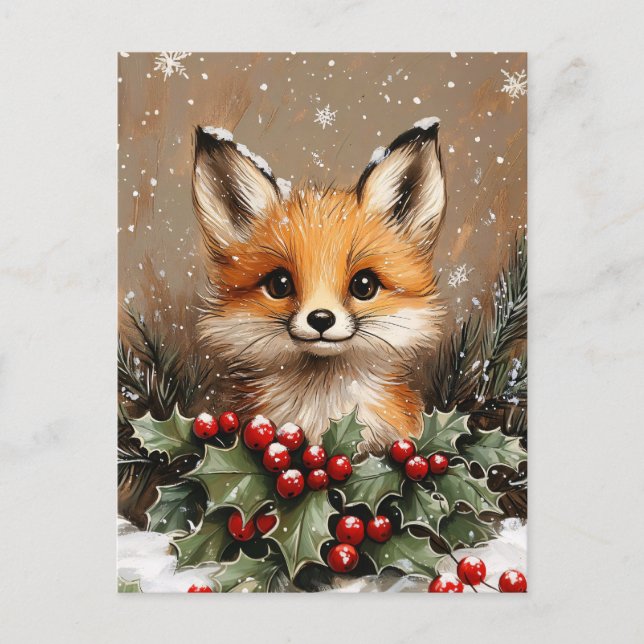 Postal Winter Fox with Holly and Snowy Pine (Anverso)