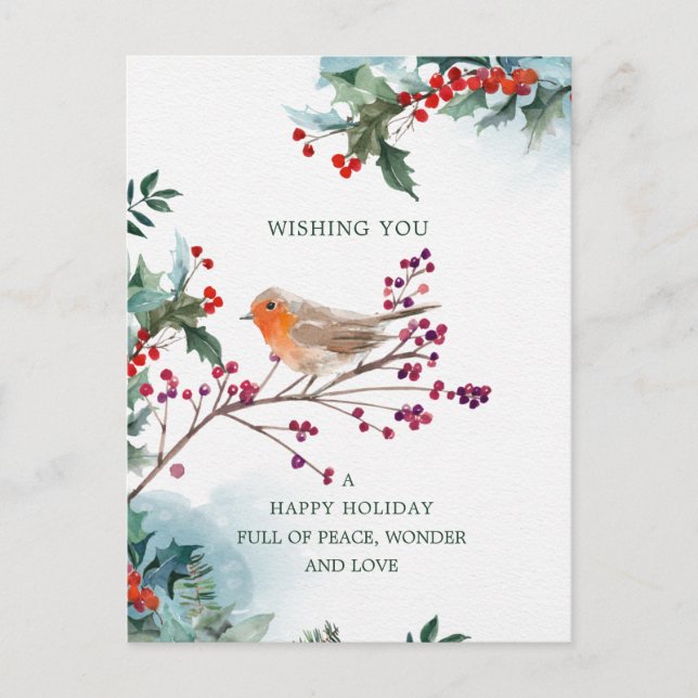 Postal Winter Holly Red Robin Navidades desea (Anverso)