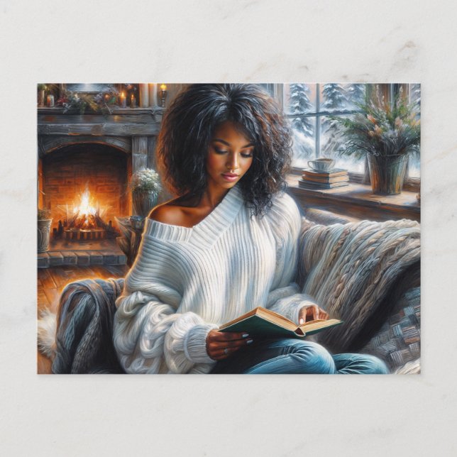 Postal Winter Reading Black Woman Cozy Art (Anverso)