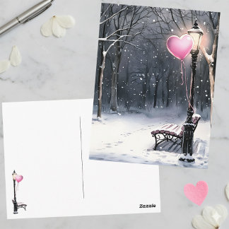 Postal Winter Scene Pink Heart Balloon Valentine's Day
