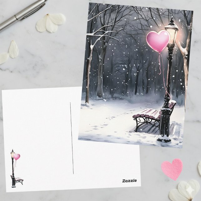 Postal Winter Scene Pink Heart Balloon Valentine's Day (Subido por el creador)