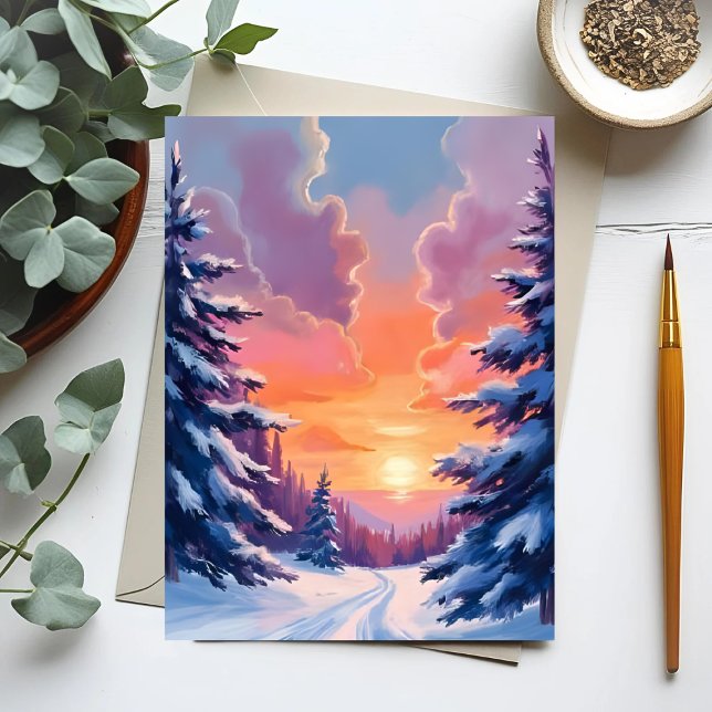 Postal Winter Snow Sunset | Watercolor Landscape Painting (Subido por el creador)