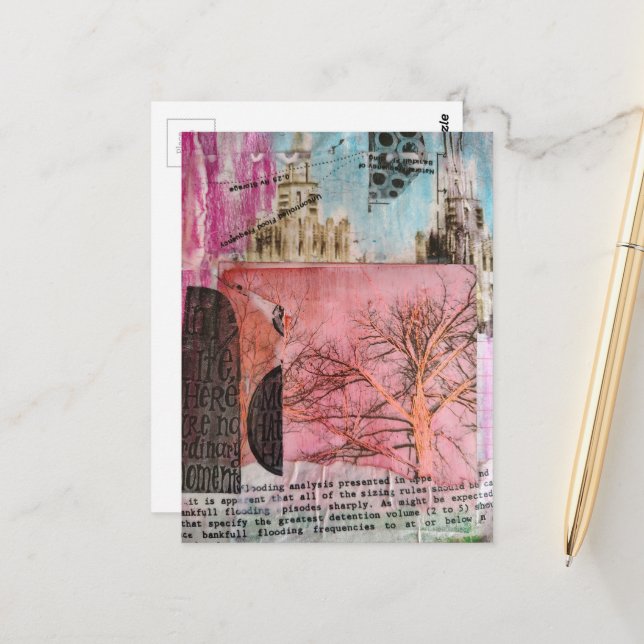 Postal Winter Tree and Buildings Mixed Media Collage (Anverso/Reverso In Situ)