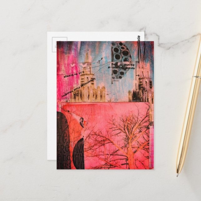 Postal Winter Tree and Buildings Mixed Media Collage (Anverso/Reverso In Situ)