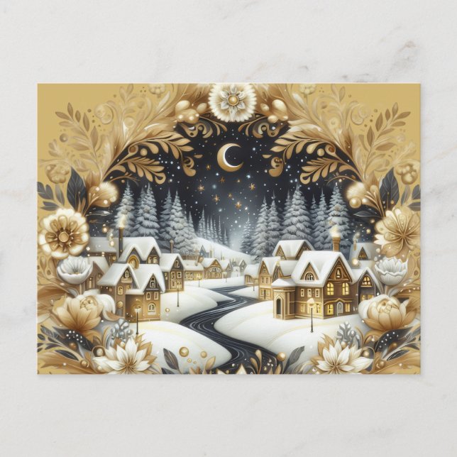 Postal Winter village gold & black design postcard (Anverso)