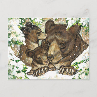 Postal Winter Wildlife Art Black Bear Mother and Cubs