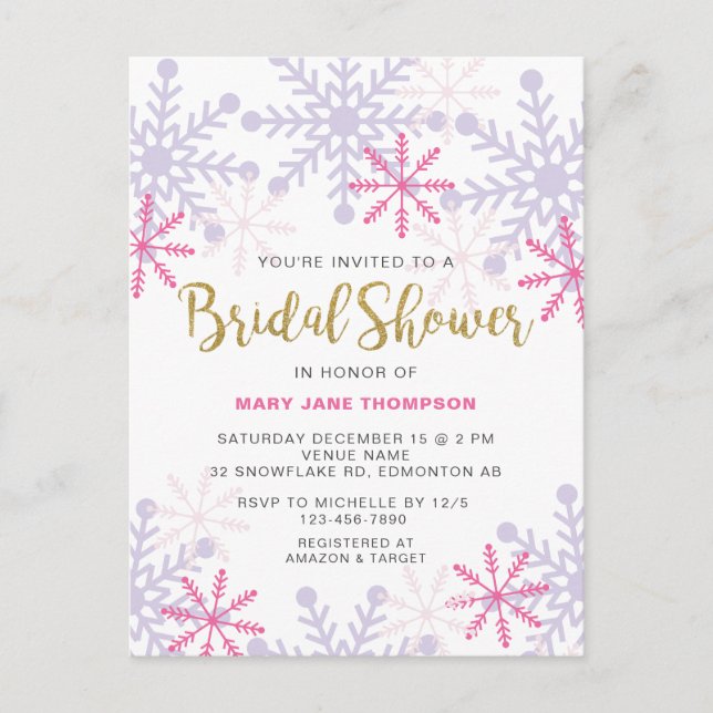 Postal Winter Wonderland Bridal Shower Snowflake Rosa (Anverso)