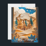 Postal Winter Wonderland Greeting<br><div class="desc">Esta encantadora tarjeta de Navidades cuenta con una escena de invierno de enlucido papel cortado, con colinas nevadas, altos evergreens y una acogedora cabaña enclavada bajo nubes a la deriva y copos de nieve cayendo. La mezcla de tonos dorados, blancos y cielo azul profundo crea un ambiente mágico para las...</div>