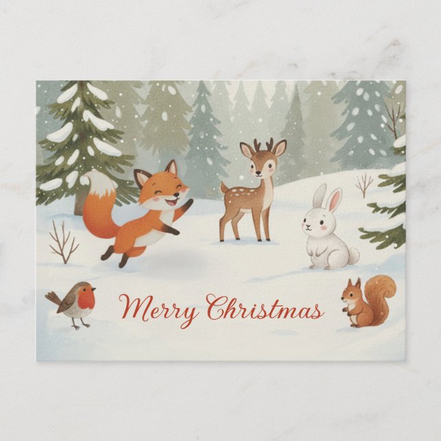 Postal Winter Woodland Merry Christmas Forest Animals (Anverso)
