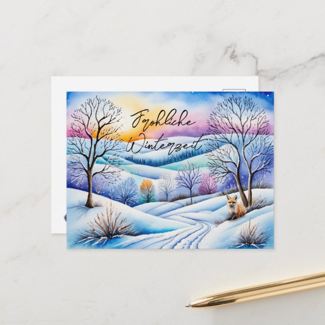 Postal Winterlandschaft in der Abenddämmerung mit Fuchs | (Anverso/Reverso In Situ)