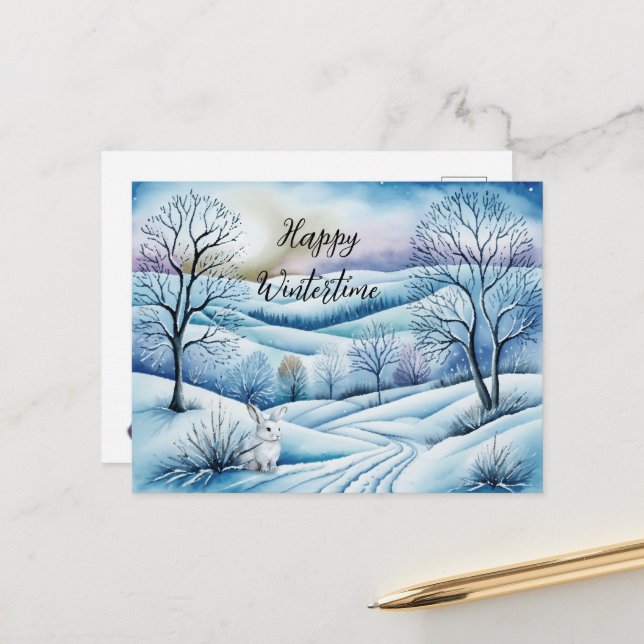 Postal Winterlandschaft in der Abenddämmerung mit Hase | (Anverso/Reverso In Situ)