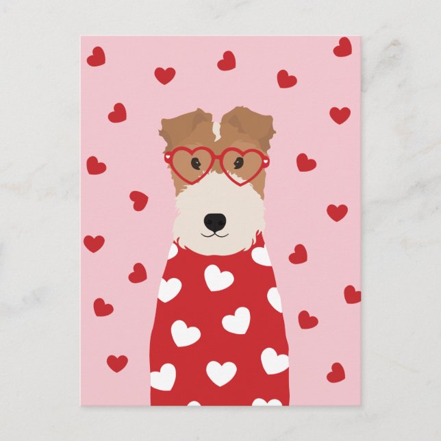 Postal Wire Fox Terrier Dog Glasses Heart Pink Red (Anverso)