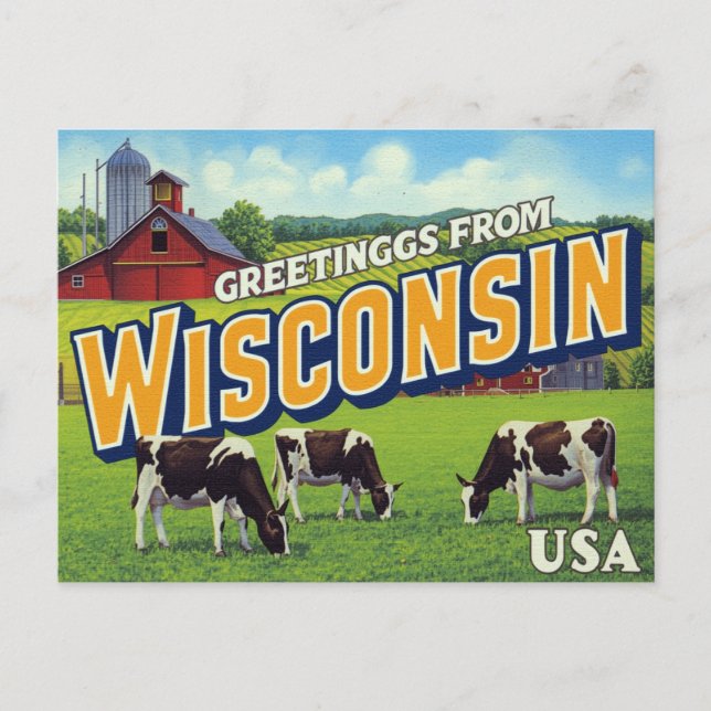 Postal Wisconsin Dairy Farm Cows Greetings (Anverso)