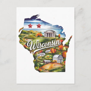 Postal Wisconsin EE. UU. Estado con forma de acuarela vin