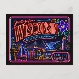 Postal Wisconsin Neon Estado Retro Vintage