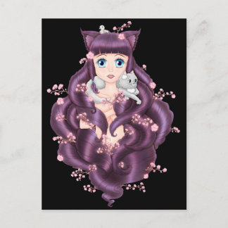 Postal Wispy Purple Haired Neko Anime Chica