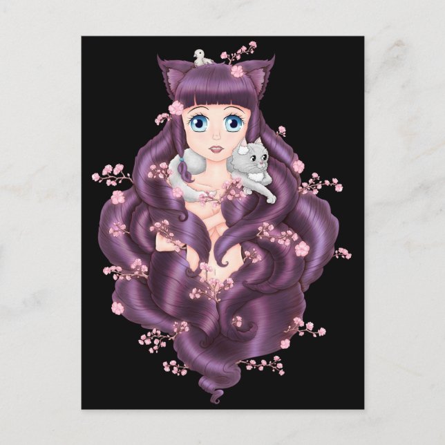Postal Wispy Purple Haired Neko Anime Chica (Anverso)