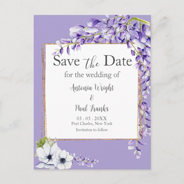 Postal Wisteria florece la boda salva la fecha (Anverso)