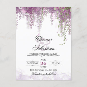 Postal Wisteria romántica Boda de código QR púrpura