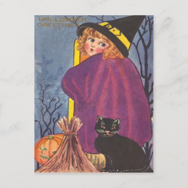 Postal Witch Broom Jack O Lantern Black Cat Treys (Anverso)