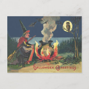 Postal Witch Cauldron Black Cat Bat