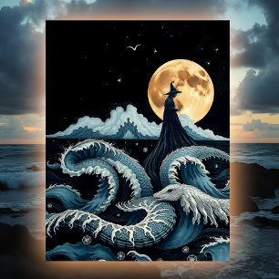 Postal Witch Sea Mystical Ocean Waves Full Moon & Serpent