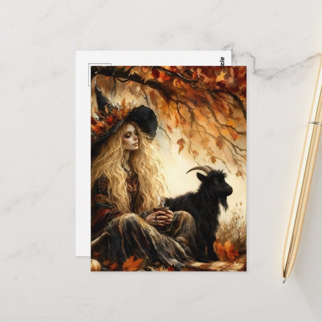 Postal Witch With Coffee and Her Pet Black Goat in Autumn (Anverso/Reverso In Situ)