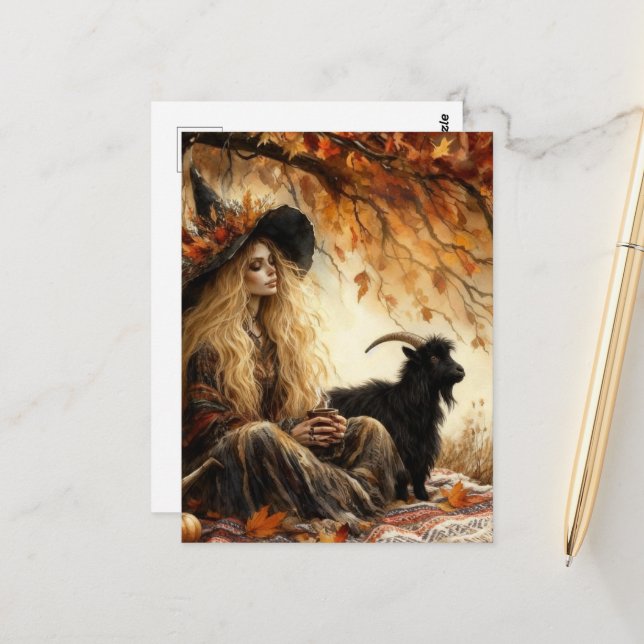 Postal Witch With Coffee and Her Pet Goat in Autumn (Anverso/Reverso In Situ)
