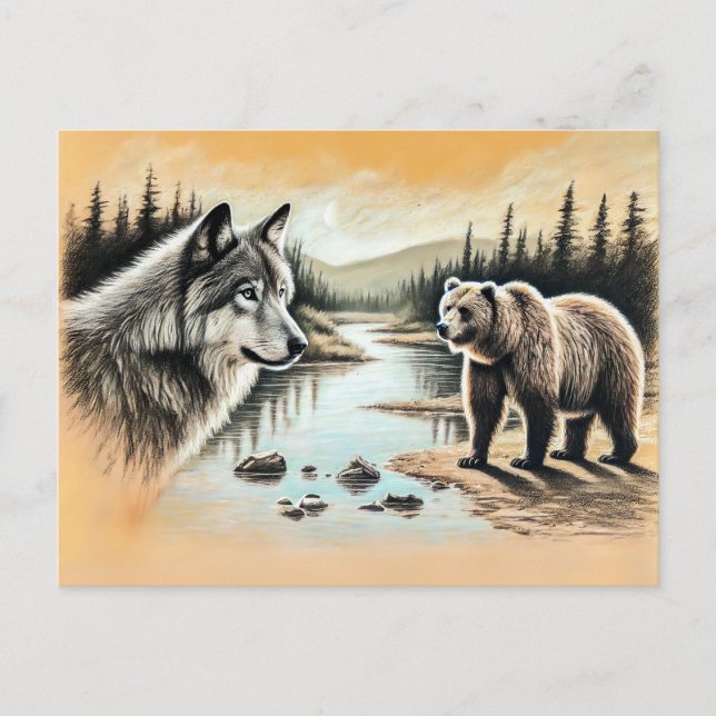 Postal Wolf and Bear Meet by River (Anverso)