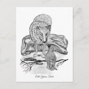Postal Wolf and Raven - Diseño en blanco y negro
