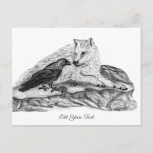 Postal Wolf and Raven - Diseño en blanco y negro