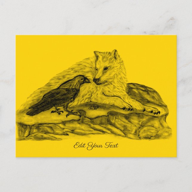Postal Wolf and Raven - Diseño negro y amarillo (Anverso)