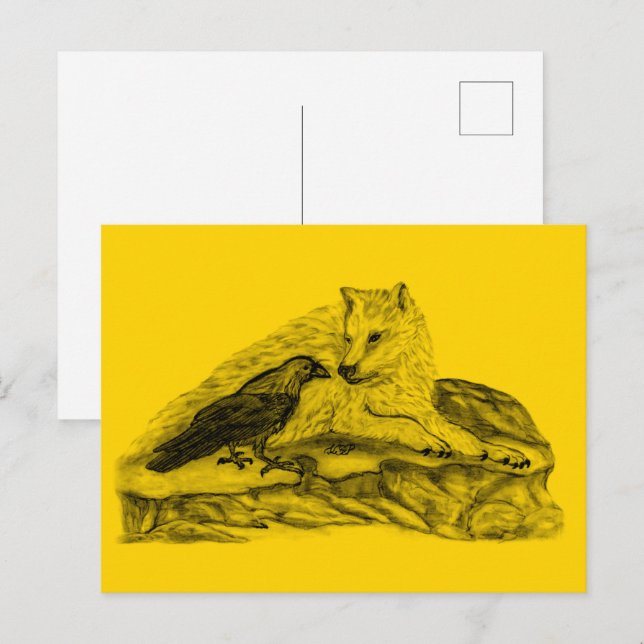 Postal Wolf and Raven - Diseño negro y amarillo (Anverso / Reverso)