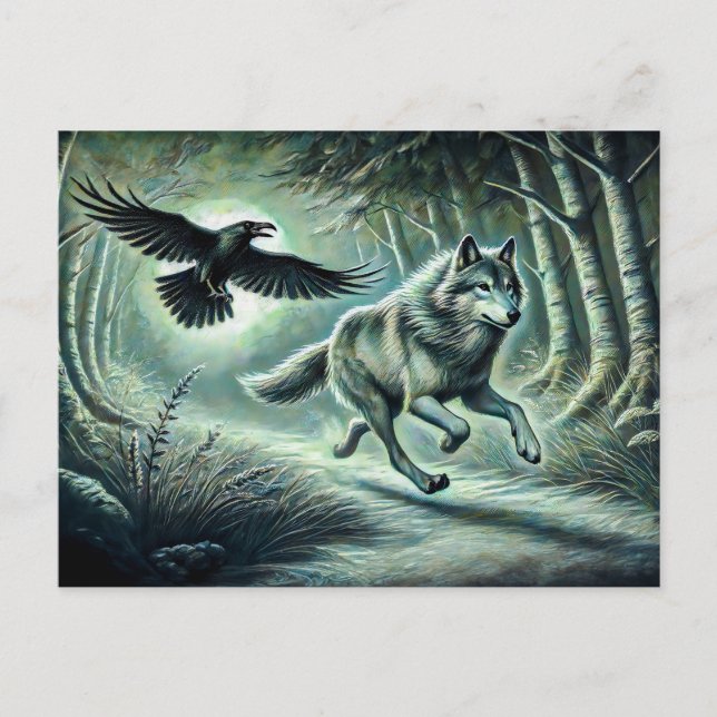 Postal Wolf and Raven in Moonlight (Anverso)