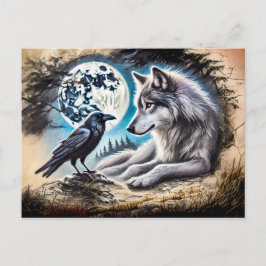 Postal Wolf and Raven on Rock at Full Moon