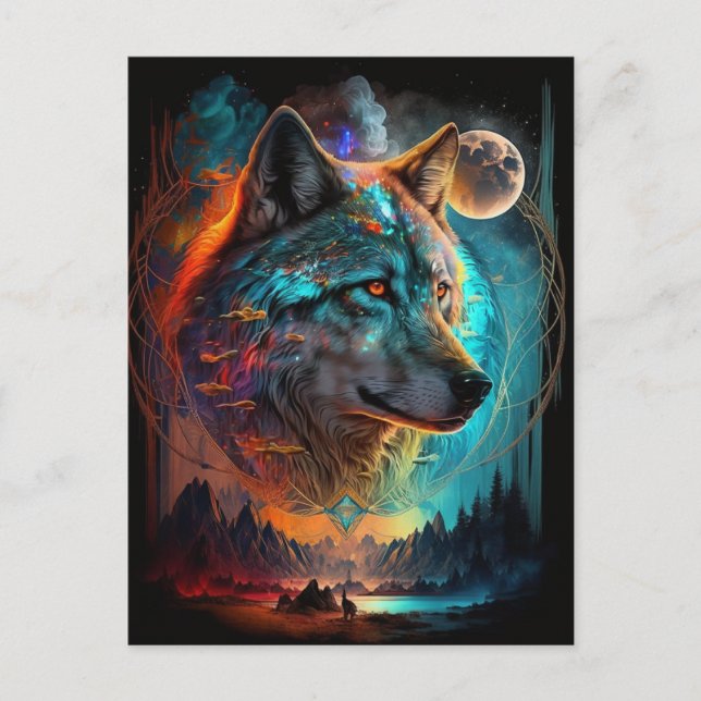 Postal Wolf Full Moon Landscape Surreal Fantasy (Anverso)