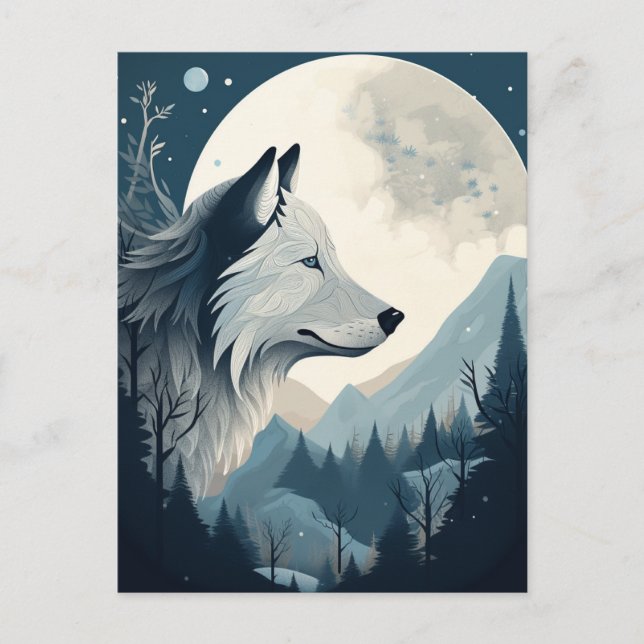 Postal Wolf Full Moon Mountains Fantasy Art (Anverso)