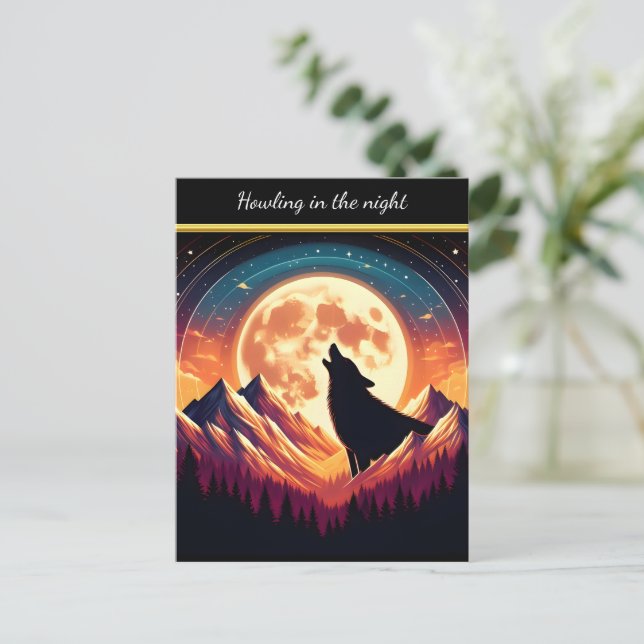 Postal Wolf Howl Bajo La Luz De La Luna (Anverso de pie)