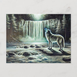Postal Wolf Howling at Moon by Waterfall