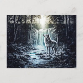 Postal Wolf Howling at Moon by Waterfall